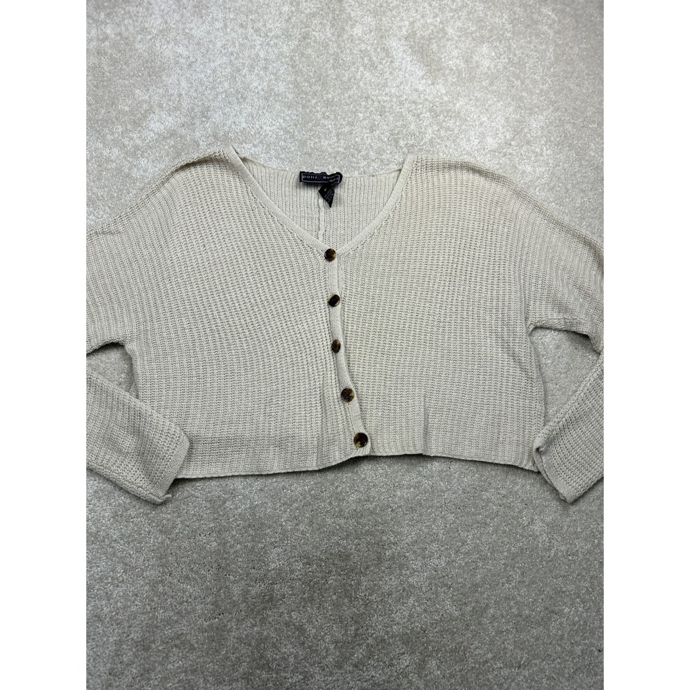 Polly & Esther Solid Cardigan M Beige Cropped V-Neck Shaker Knit Boho Minimalist